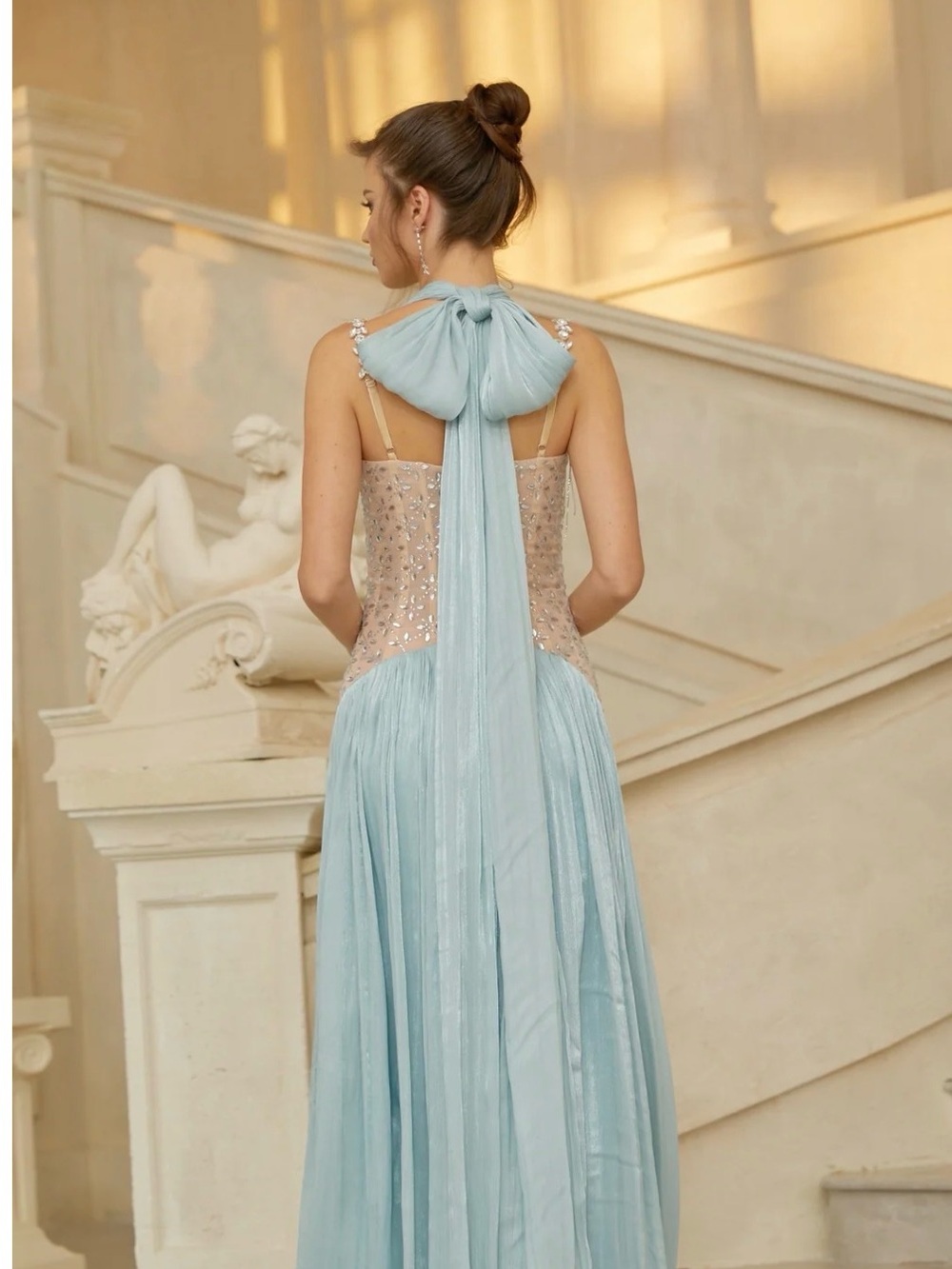 Light Blue Embellished Prom Dress with Bow Back